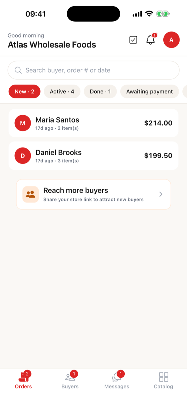 Bayim supplier incoming orders screen