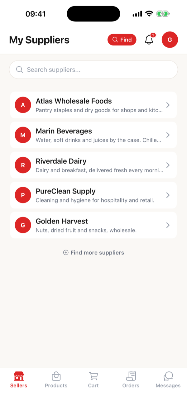 A retailer seeing all their wholesalers in one app