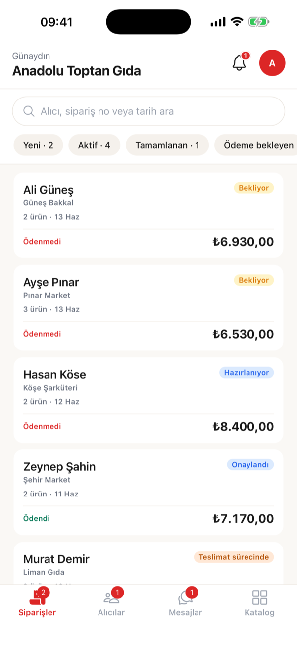 Bayim toptancı gelen siparişler ekranı