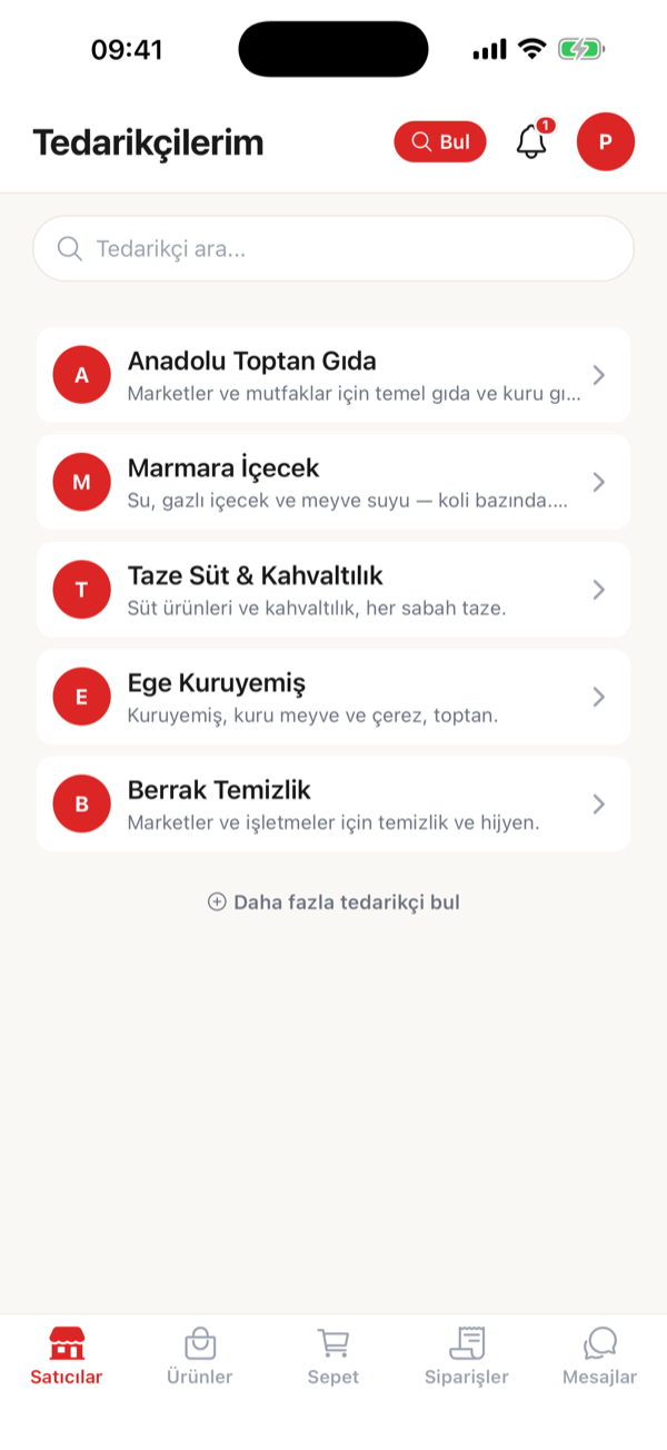 Bayinin tek uygulamadan bütün toptancılarını gördüğü ekran